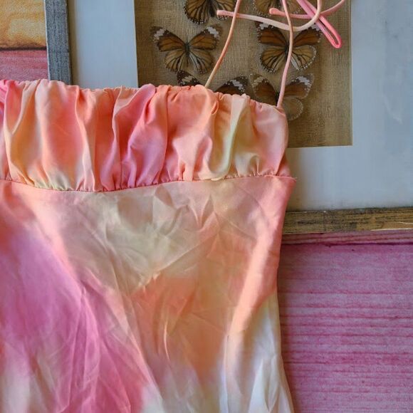 Princess Polly Pink Carsa Tie Dye Satin Tie Strap Midi High Slit Slip Dress 12US - Picture 11 of 12